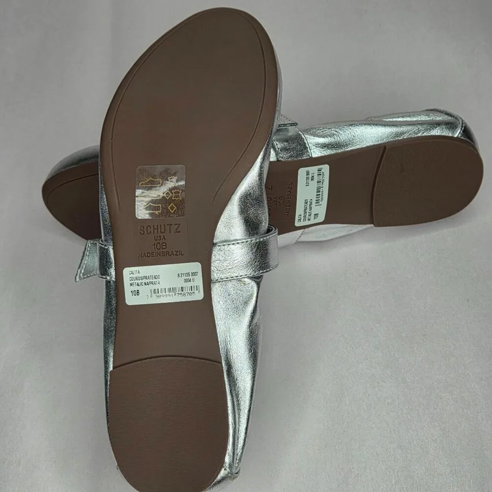 NWT Schutz Women's Calita Metallic Silver Leather Ballerina Flats